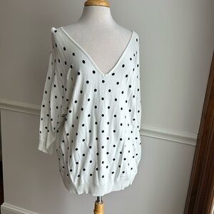 Premise Womens Sweater White Black Polka Dots Dolman Sleeve V-Neck Ladies XL EUC
